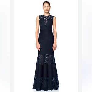 Tadashi Shoji Navy Lace Floor Length Evening Gown Pintuck Neoprene Mermaid XS